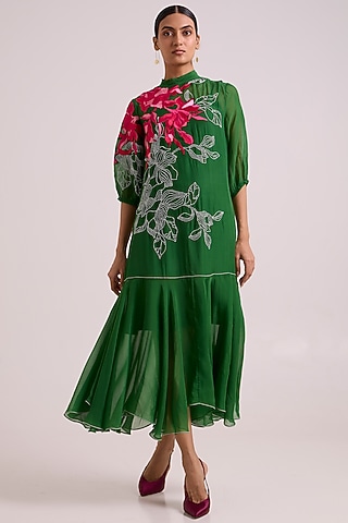 Green Sheer Organza Floral Printed Maxi Dress by MADDER MUCH