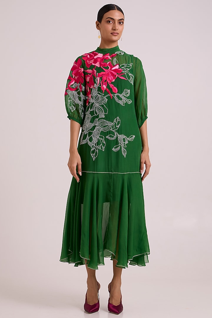 Green Sheer Organza Floral Printed Maxi Vacation Dress by MADDER MUCH at Pernia's Pop Up Shop