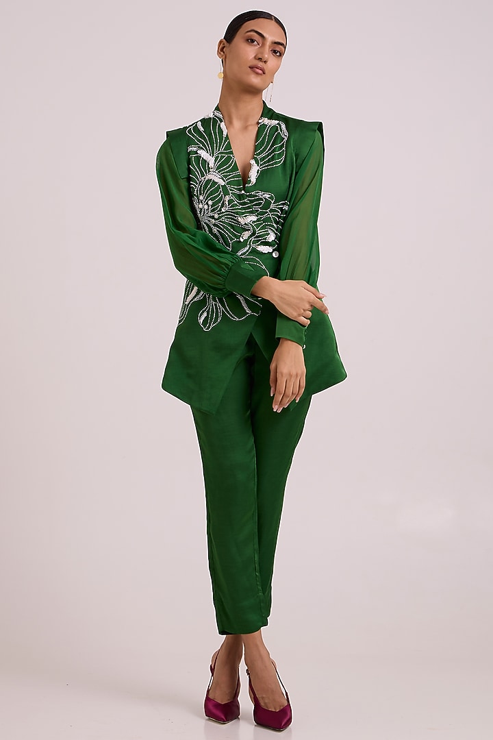 Green Linen Satin Floral Embroidered Blazer Set by MADDER MUCH at Pernia's Pop Up Shop