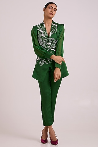 Green Linen Satin Floral Embroidered Blazer Set by MADDER MUCH