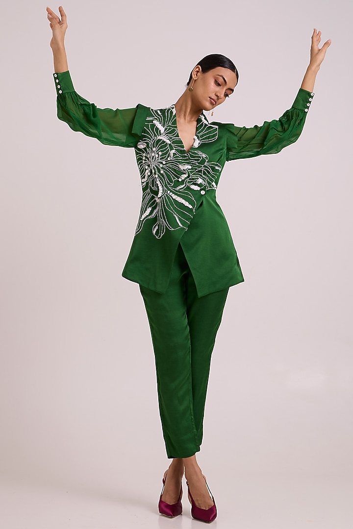Green Linen Satin Floral Embroidered Blazer Set by MADDER MUCH at Pernia's Pop Up Shop