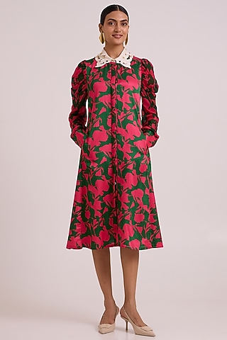 Multi-Colored Bemberg Cotton Satin Printed Midi Dress by MADDER MUCH