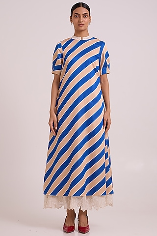 Sapphire & Sand Bemberg Cotton Satin Stripe Printed Maxi Dress by MADDER MUCH