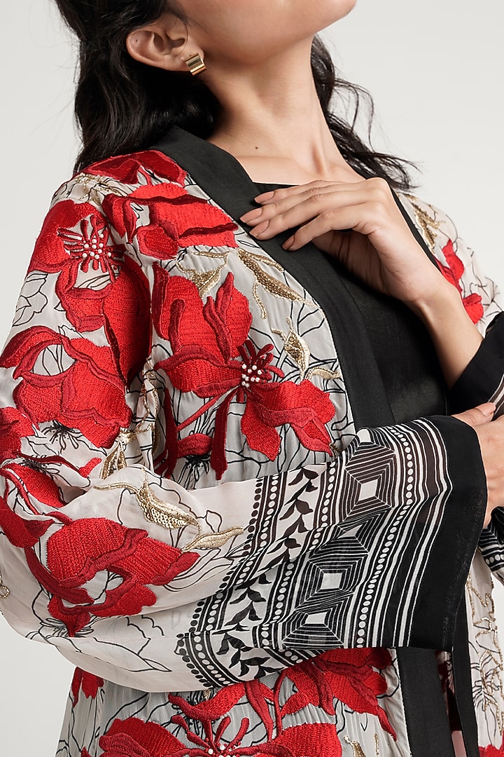 White Handloom Chanderi Silk Embroidered Jacket by MADDER MUCH at Pernia's Pop Up Shop