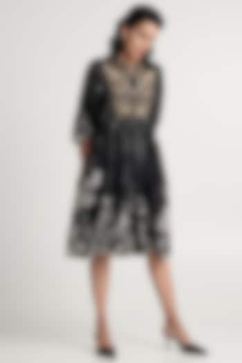 Black Handloom Chanderi Silk Knee-Length Dress by MADDER MUCH