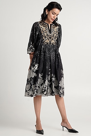 Black Handloom Chanderi Silk Knee-Length Dress by MADDER MUCH