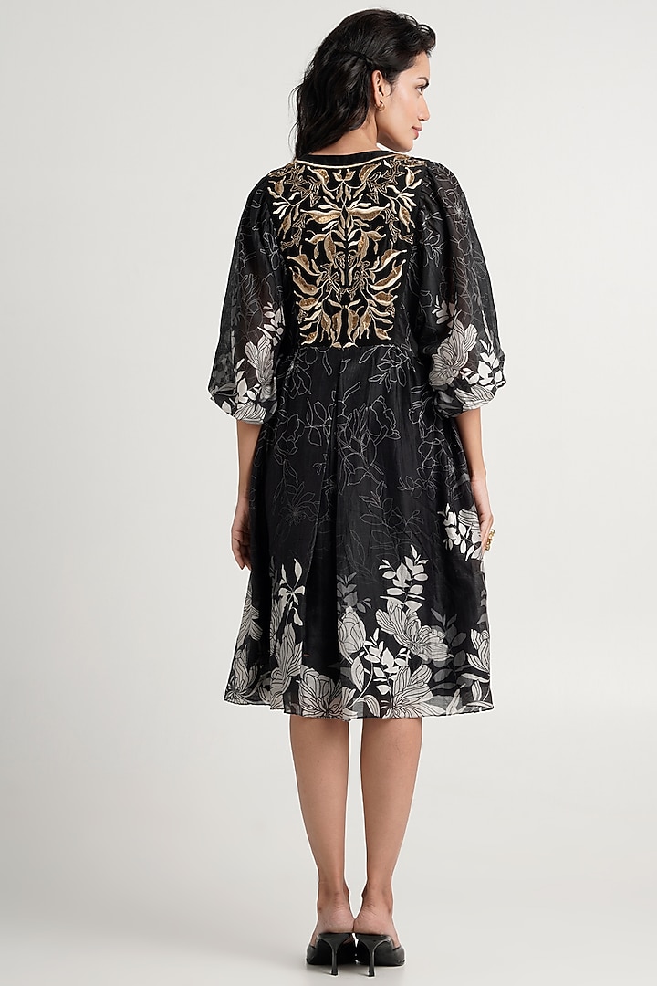 Black Handloom Chanderi Silk Knee-Length Vacation Dress by MADDER MUCH at Pernia's Pop Up Shop