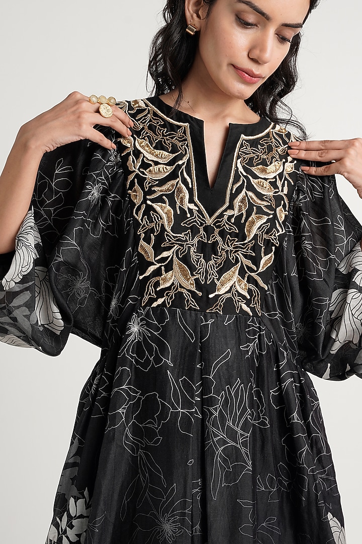 Black Handloom Chanderi Silk Knee-Length Vacation Dress by MADDER MUCH at Pernia's Pop Up Shop