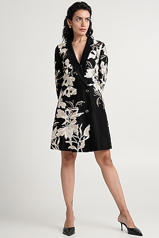 Black Handloom Chanderi Silk Blazer Dress by MADDER MUCH