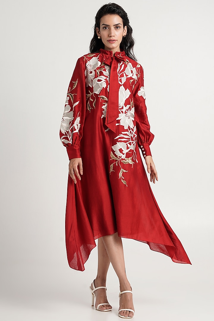 Red Handloom Chanderi Silk Midi Dress by MADDER MUCH
