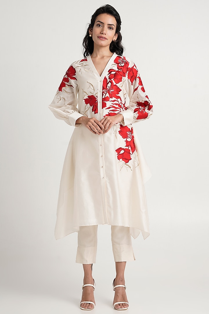 White Handloom Chanderi Silk Tunic Set by MADDER MUCH
