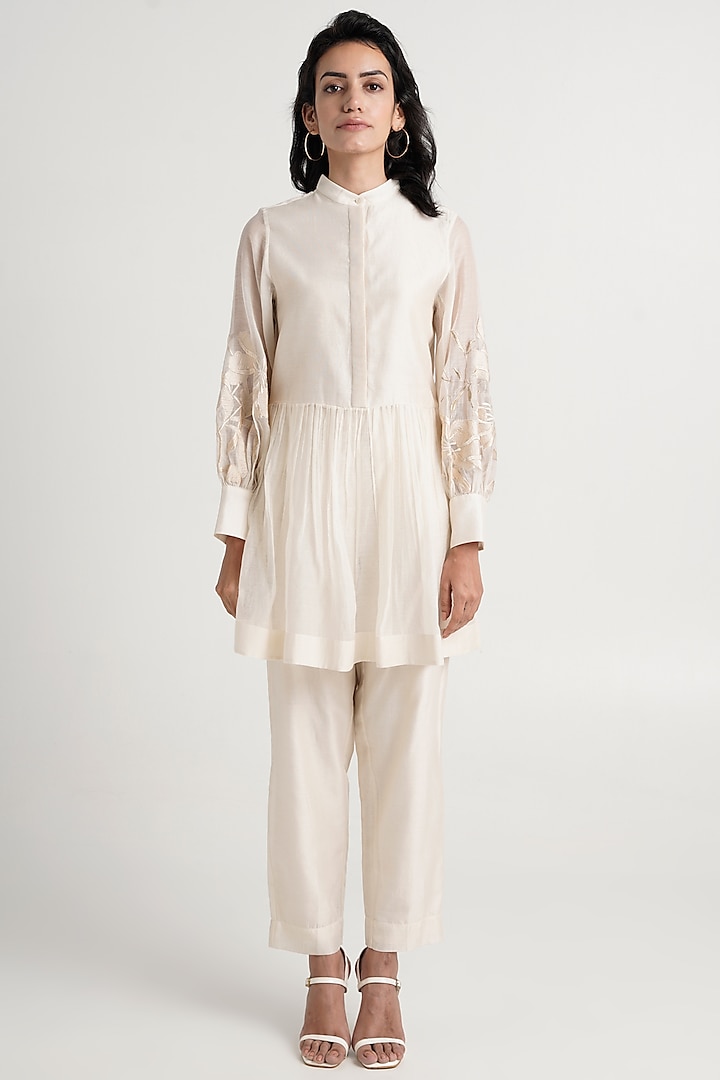 White Handloom Chanderi Silk Tunic Set by MADDER MUCH