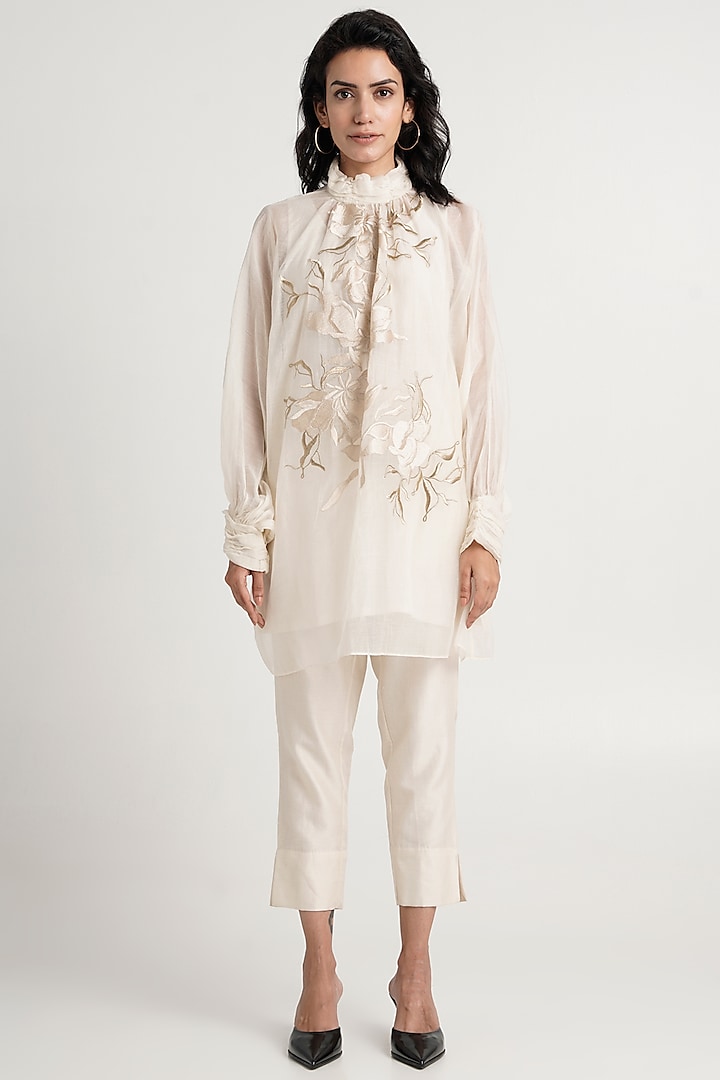 Ivory Handloom Chanderi Silk Tunic Set by MADDER MUCH