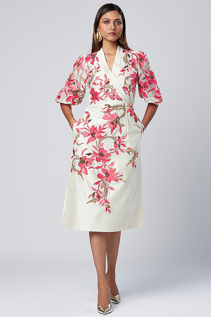 Ivory & Pink Cotton Floral Printed Midi Dress by MADDER MUCH at Pernia's Pop Up Shop