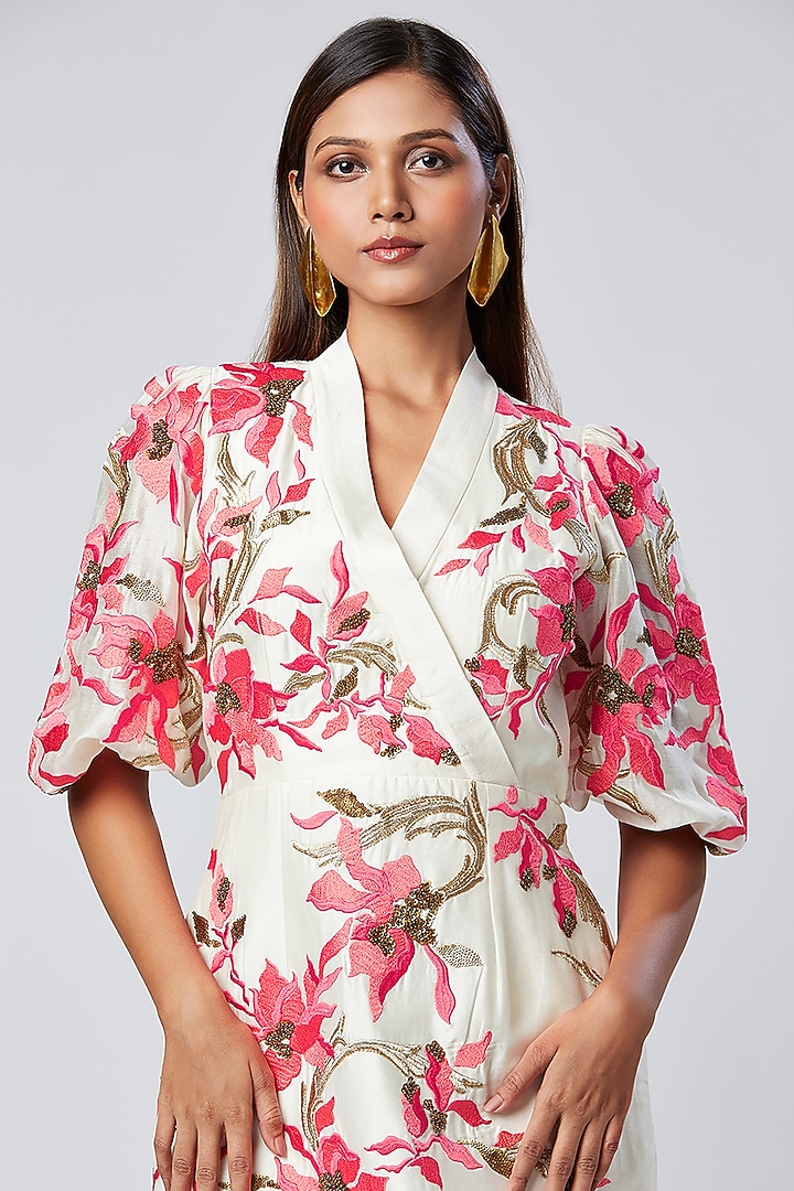 Ivory & Pink Cotton Floral Printed Midi Vacation Dress by MADDER MUCH at Pernia's Pop Up Shop