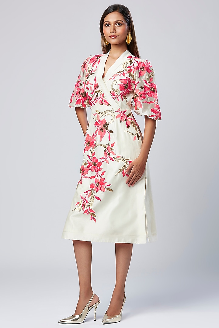 Ivory & Pink Cotton Floral Printed Midi Vacation Dress by MADDER MUCH at Pernia's Pop Up Shop