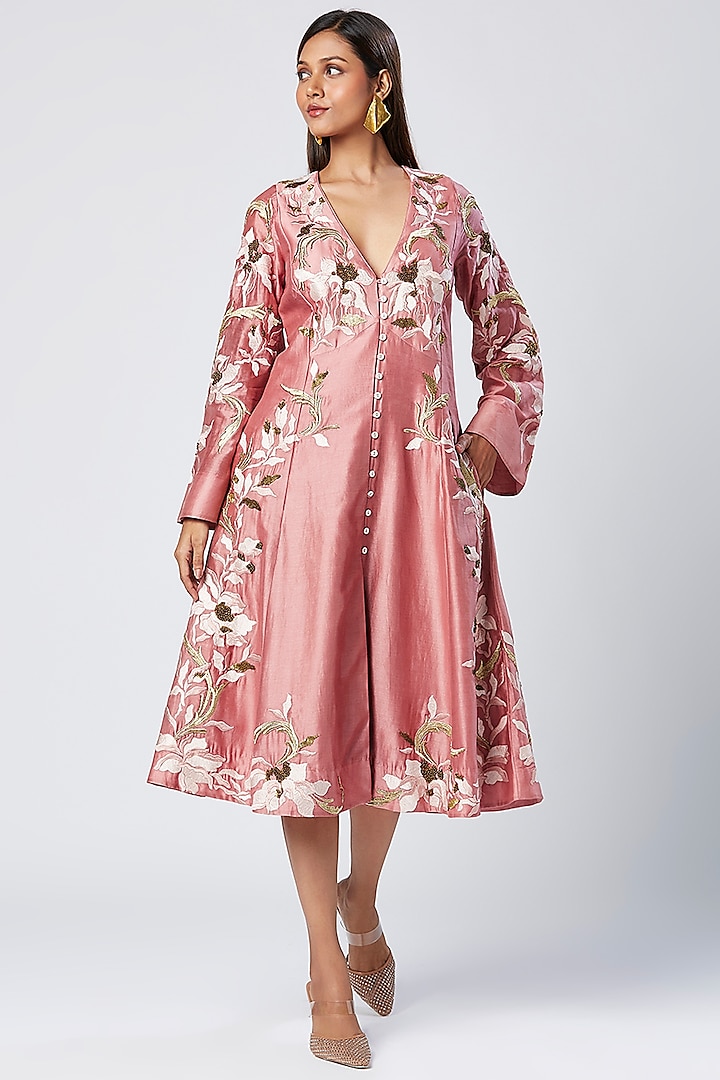 Rose Pink Cotton Silk Thread Embroidered Midi Dress by MADDER MUCH at Pernia's Pop Up Shop