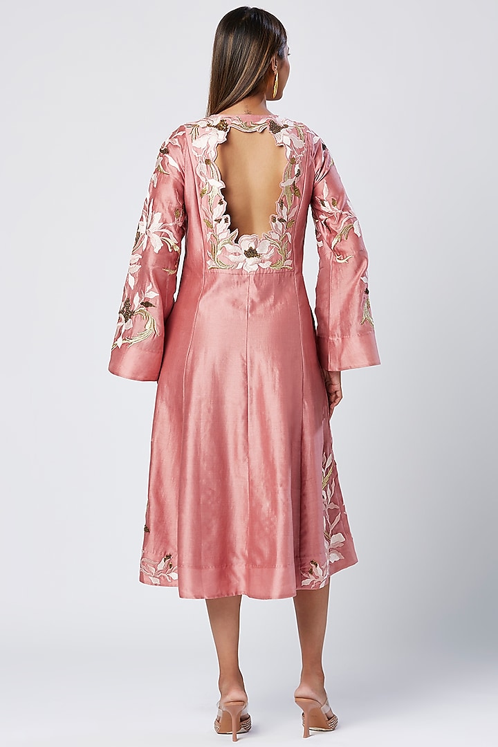 Rose Pink Cotton Silk Thread Embroidered Midi Cocktail Dress by MADDER MUCH at Pernia's Pop Up Shop