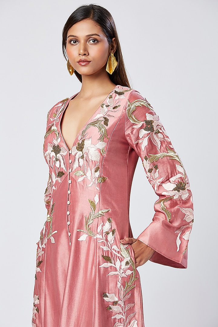 Rose Pink Cotton Silk Thread Embroidered Midi Cocktail Dress by MADDER MUCH at Pernia's Pop Up Shop