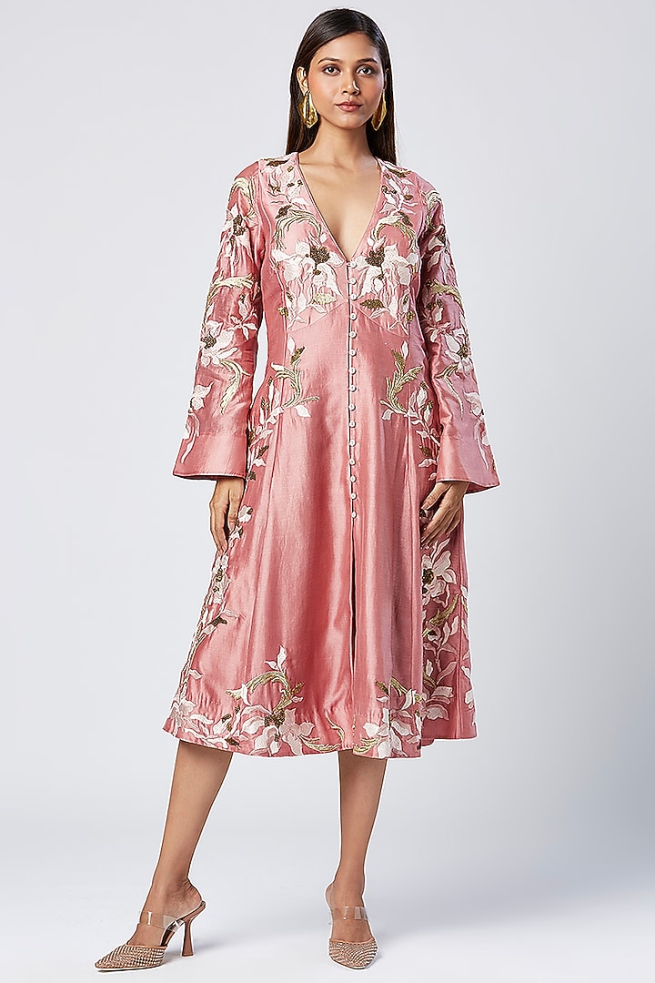 Rose Pink Cotton Silk Thread Embroidered Midi Cocktail Dress by MADDER MUCH at Pernia's Pop Up Shop