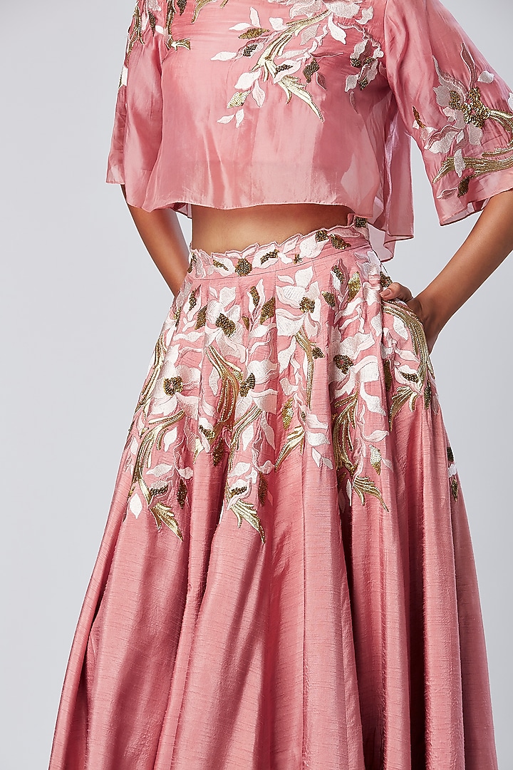 Rose Pink Cotton Silk Thread Embroidered Skirt Set by MADDER MUCH at Pernia's Pop Up Shop