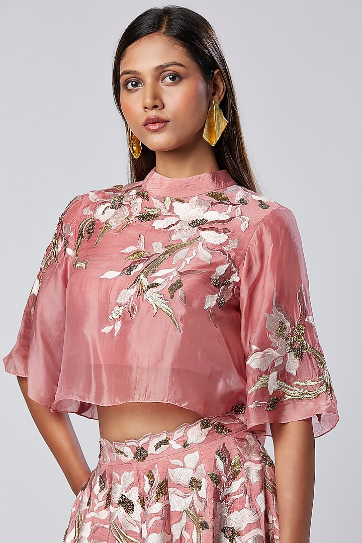Rose Pink Cotton Silk Thread Embroidered Skirt Set by MADDER MUCH at Pernia's Pop Up Shop