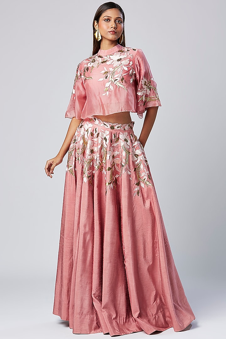 Rose Pink Cotton Silk Thread Embroidered Skirt Set by MADDER MUCH at Pernia's Pop Up Shop