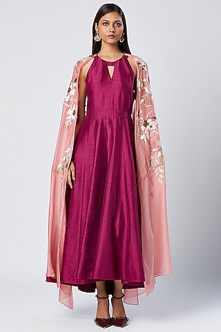 Purple Wine Cotton & Silk Dress With Cape Shawl by MADDER MUCH