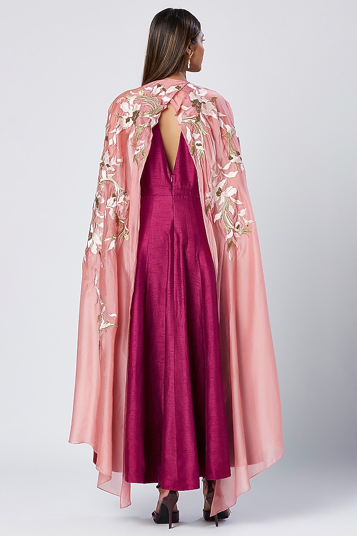 Purple Wine Cotton & Silk Cocktail Dress With Cape Shawl by MADDER MUCH at Pernia's Pop Up Shop