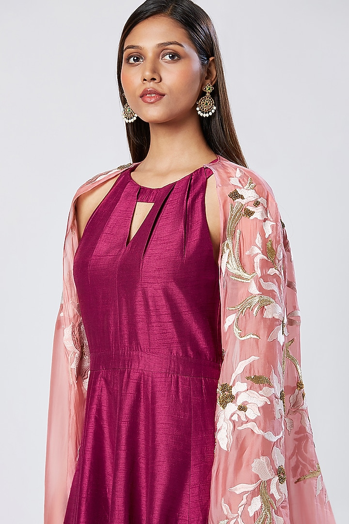Purple Wine Cotton & Silk Cocktail Dress With Cape Shawl by MADDER MUCH at Pernia's Pop Up Shop