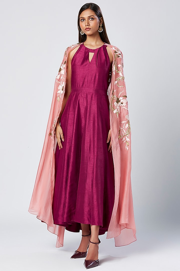 Purple Wine Cotton & Silk Cocktail Dress With Shawl Jacket by MADDER MUCH at Pernia's Pop Up Shop