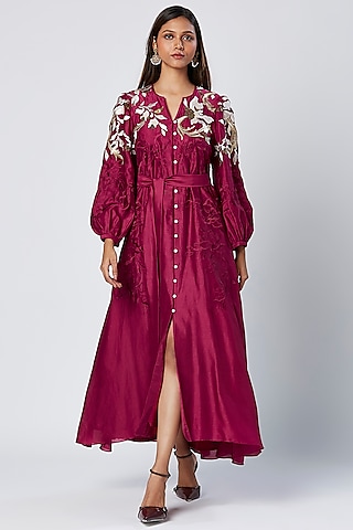 Purple Wine Cotton Hand & Machine Embroidered Maxi Dress by MADDER MUCH