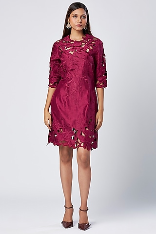 Purple Wine Viscose & Cotton Mul Machine Embroidered Dress by MADDER MUCH