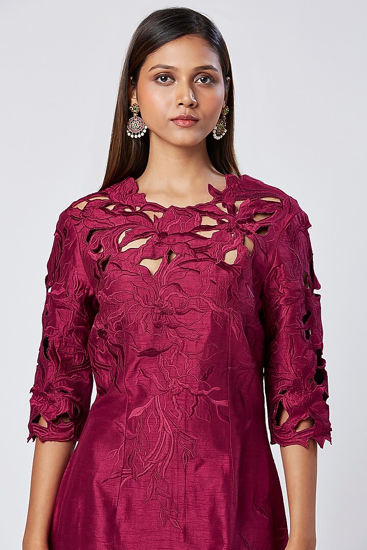 Purple Wine Viscose & Cotton Mul Machine Embroidered Vacation Dress by MADDER MUCH at Pernia's Pop Up Shop