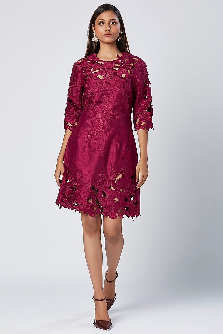 Purple Wine Viscose & Cotton Mul Machine Embroidered Vacation Dress by MADDER MUCH at Pernia's Pop Up Shop