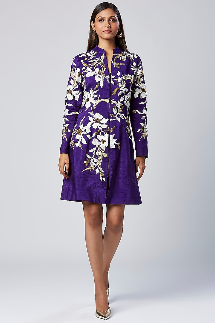 Purple Viscose & Cotton Mul Machine Embroidered Blazer Dress by MADDER MUCH at Pernia's Pop Up Shop