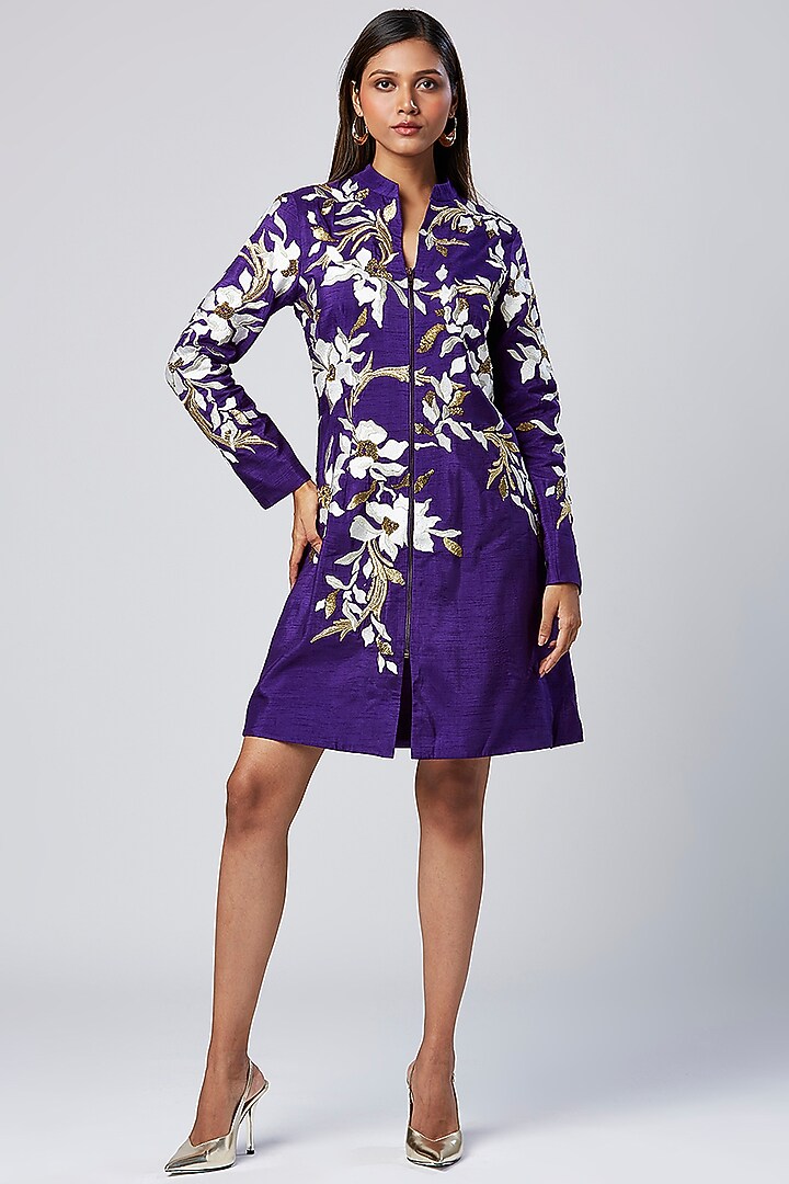 Purple Viscose & Cotton Mul Machine Embroidered Blazer Cocktail Dress by MADDER MUCH at Pernia's Pop Up Shop