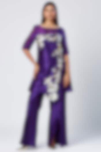 Purple Cotton & Silk Machine Embroidered Tunic Set by MADDER MUCH at Pernia's Pop Up Shop