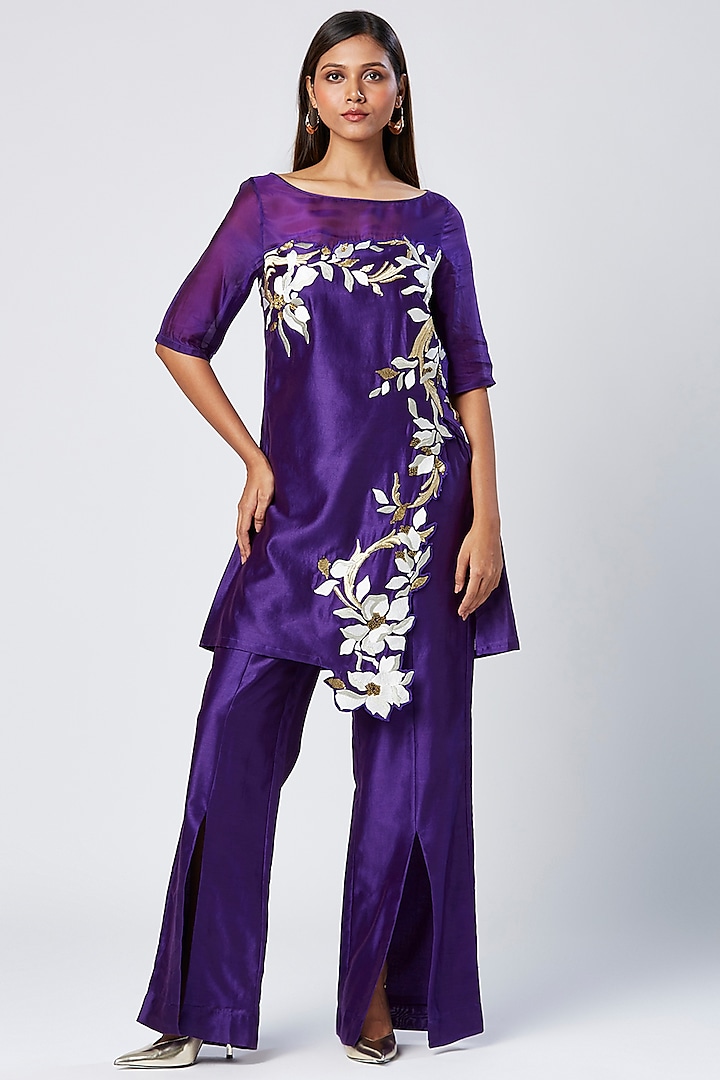 Purple Cotton & Silk Machine Embroidered Tunic Set by MADDER MUCH at Pernia's Pop Up Shop