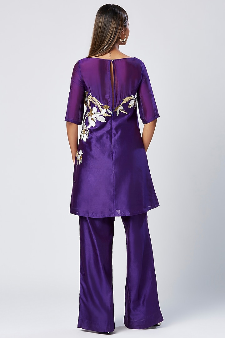 Purple Cotton & Silk Machine Embroidered Tunic Set by MADDER MUCH at Pernia's Pop Up Shop