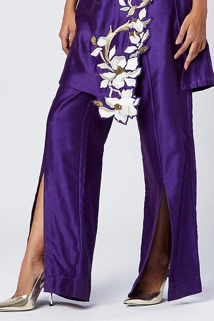 Purple Cotton & Silk Machine Embroidered Tunic Set by MADDER MUCH at Pernia's Pop Up Shop