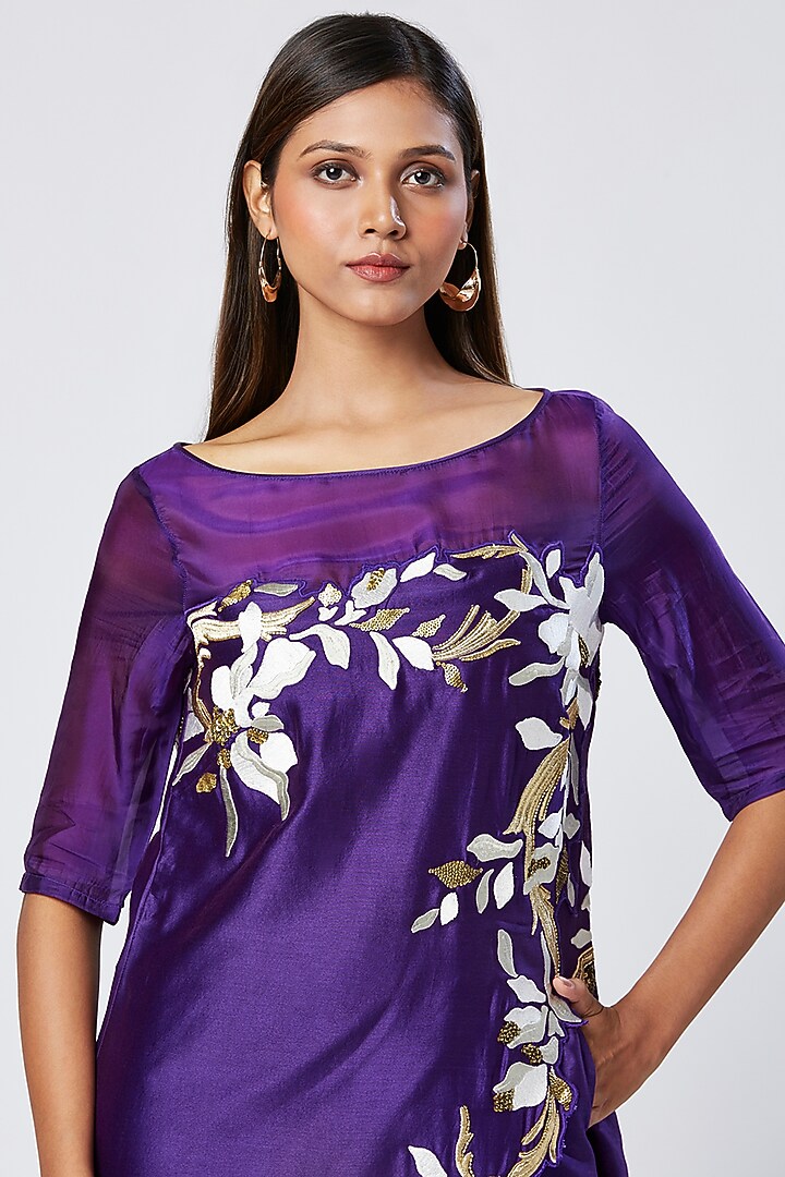 Purple Cotton & Silk Machine Embroidered Tunic Set by MADDER MUCH at Pernia's Pop Up Shop