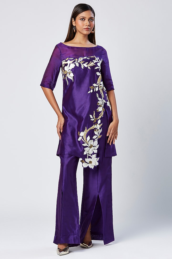 Purple Cotton & Silk Machine Embroidered Tunic Set by MADDER MUCH at Pernia's Pop Up Shop