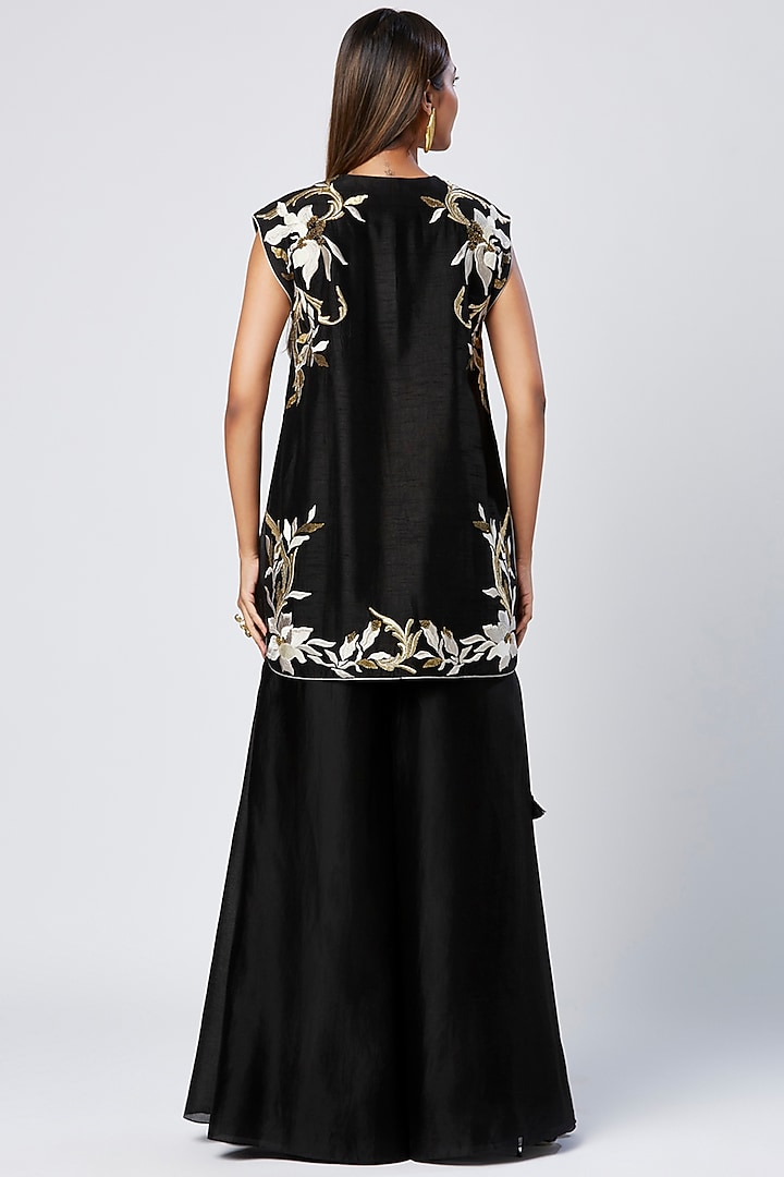 Black Cotton & Silk Machine Embroidered Tunic Set by MADDER MUCH at Pernia's Pop Up Shop