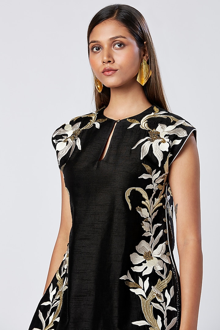 Black Cotton & Silk Machine Embroidered Tunic Set by MADDER MUCH at Pernia's Pop Up Shop