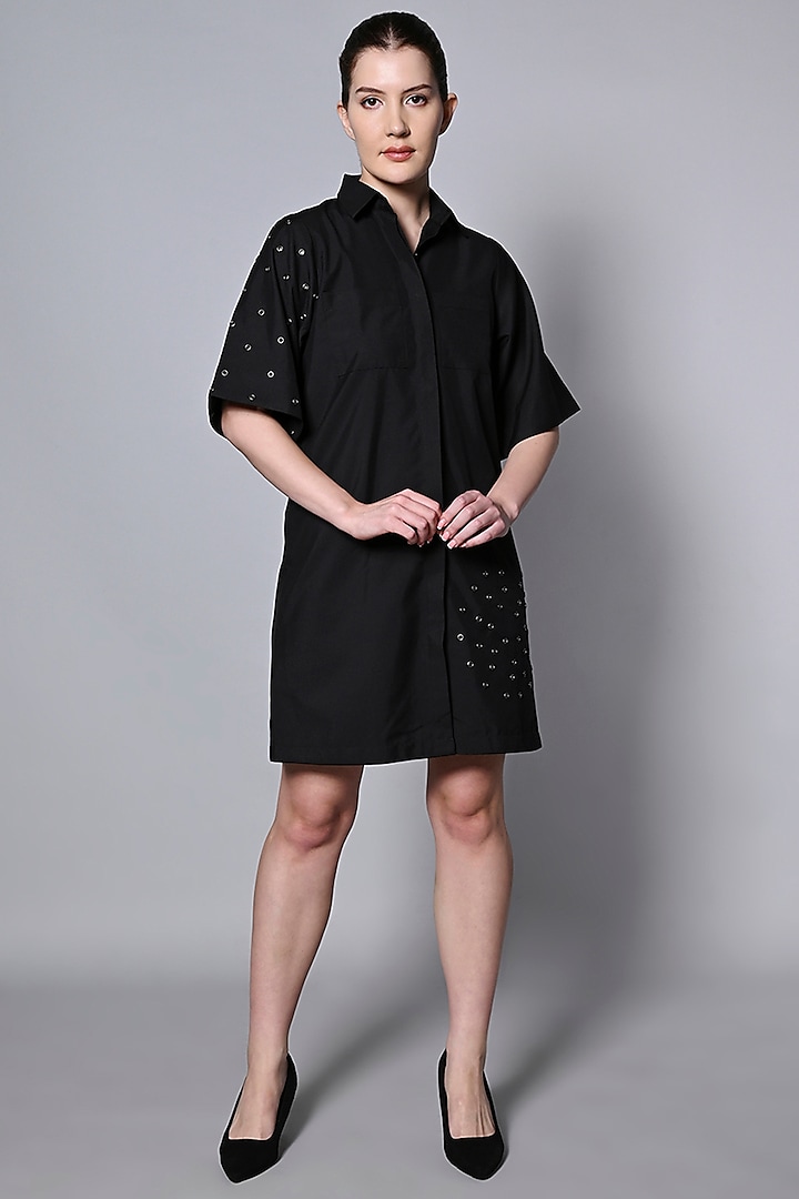 Black Cotton Poplin Mini Shirt Dress by House of MANAA