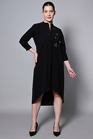 Black Corduroy Metal Embellished Dress by House of MANAA