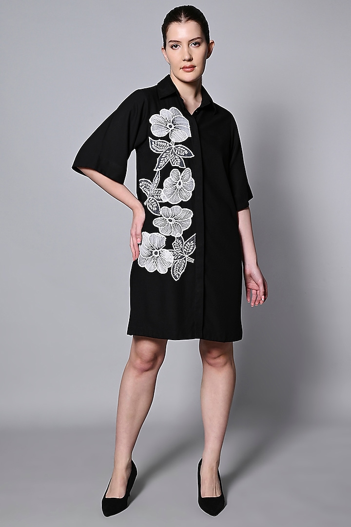 Black Viscose Rayon Floral Embroidered Patchwork Mini Shirt Dress by House of MANAA at Pernia's Pop Up Shop