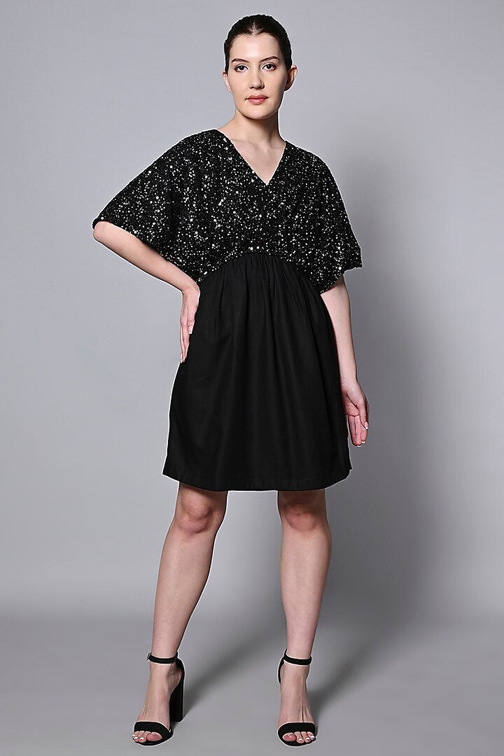 Black Rayon & Polyester Sequins Mini Dress by House of MANAA