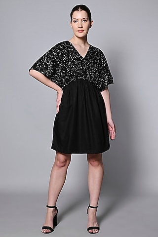 Black Rayon & Polyester Sequins Mini Dress by House of MANAA
